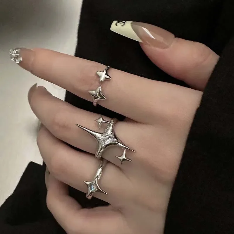 Vintage Irregular Cross Star Open Ring for Women Men Punk Gothic Sliver Color Ring Adjustable Couple Rings Y2K Egirl JewelryGift